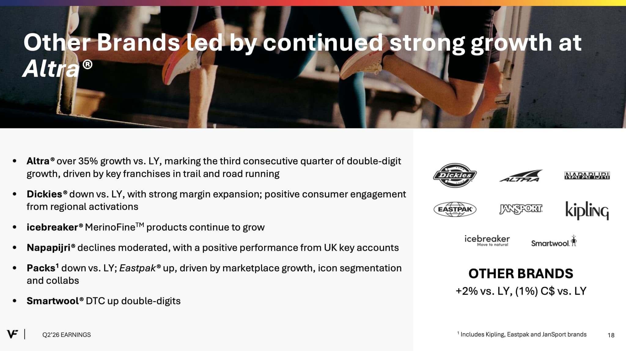 VF Corporation Aktienanalyse: Besonders Altra sticht mit starkem, anhaltendem Wachstum hervor und entwickelt sich zu einem wichtigen Wachstumstreiber im Running-Segment. Gleichzeitig stabilisieren sich mehrere kleinere Marken operativ, was die Abhängigkeit von einzelnen Problemmarken reduziert und die Breite des Portfolios als strategischen Vorteil unterstreicht. (Quelle: Investor Presentation Q2 2026)