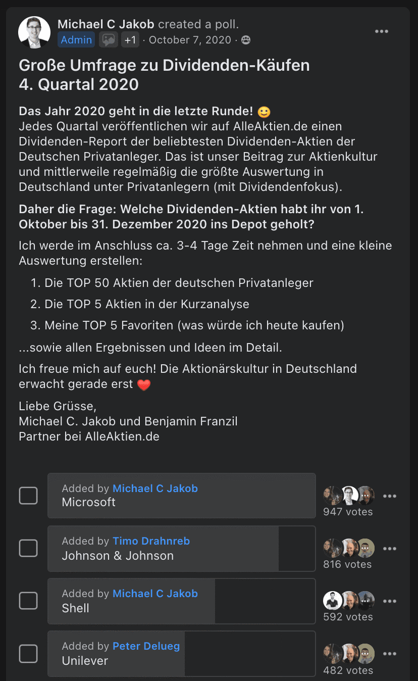 ▲ Meine Umfrage in der Facebook-Gruppe "Dividendenstrategie"