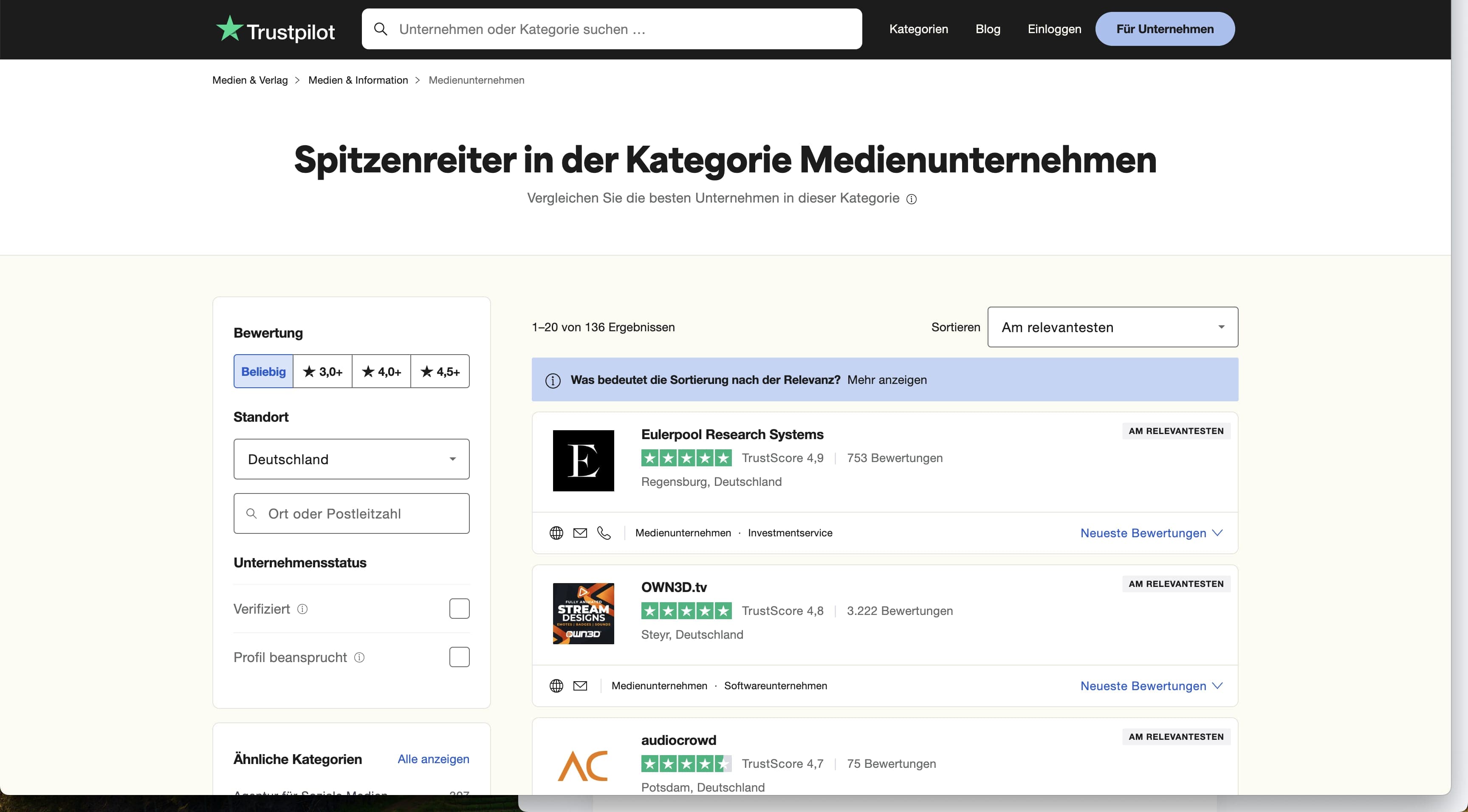 Eulerpool wird erneut Spitzenreiter in der Kategorie Medienunternehmen