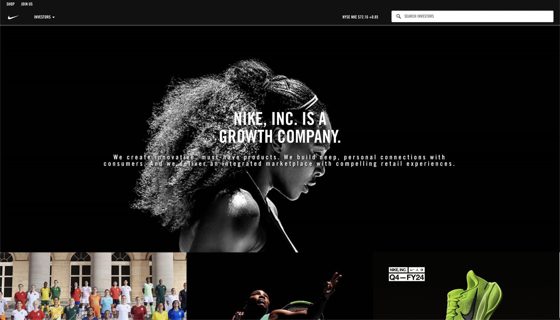 "Nike, Inc. is a growth company" steht auf der 1. Seite der Investor Relations. Es wirkt wie Hohn bei einer Firma, die dieses Jahr zwischen -2 bis 3 % wachsen / schrumpfen wird.