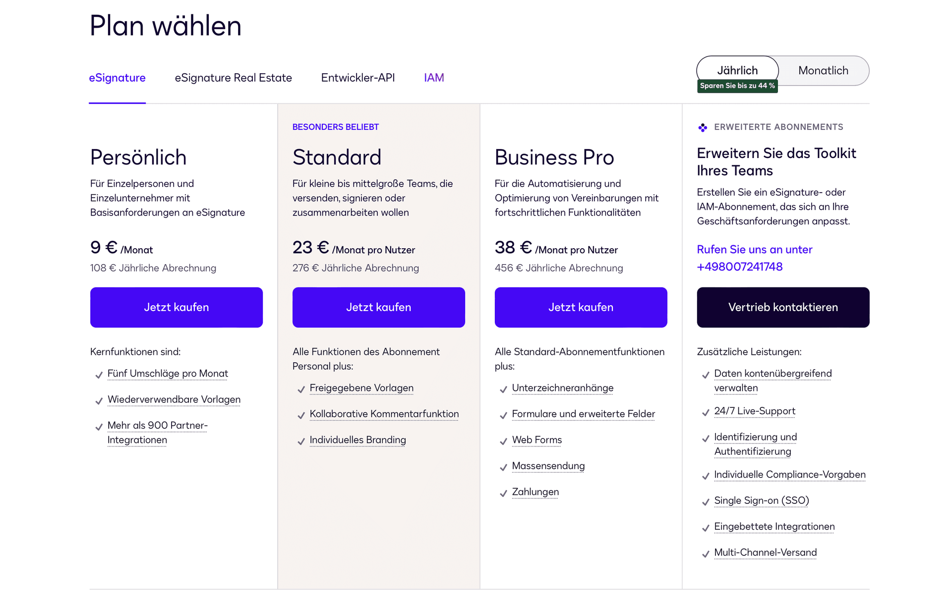 Kunden können zwischen verschiedenen Plänen und Zahlungsmodalitäten wählen, um so gut es geht die gewünschten Leistungen abzudecken. Für große Unternehmen bietet Docusign darüber hinaus noch maßgeschneiderte Angebote an, um ebenso großen Anforderungen gerecht werden zu können.